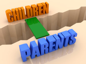 Two words CHILDREN and PARENTS united by bridge through separation crack. Concept 3D illustration.